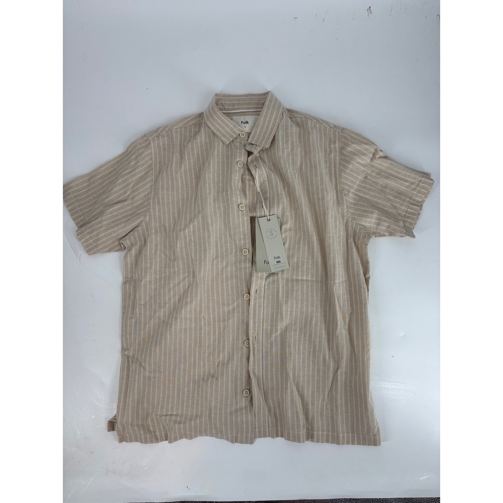 Folk Grant Stripe Short Sleeve Shirt Stone Linen Blend Mens Small GRASTN3714